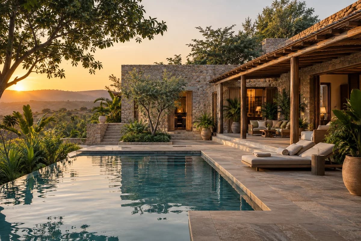 Illustrative boutique lodge with a sunlit courtyard and welcoming open veranda
