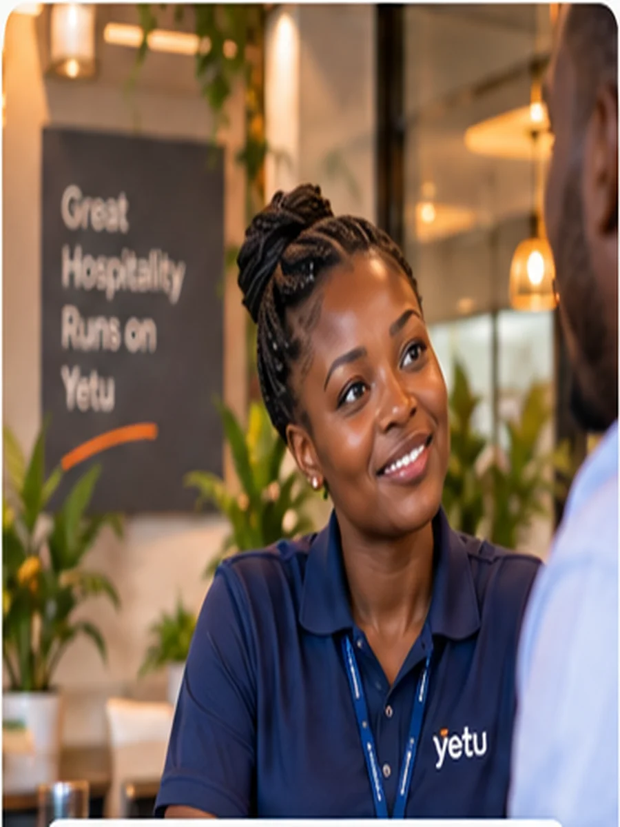 Yetu support specialist in a navy polo smiling warmly while listening across a table in a plant-filled office