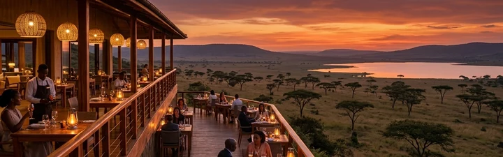 Panoramic twilight view of a hillside resort restaurant deck with warm amber lights