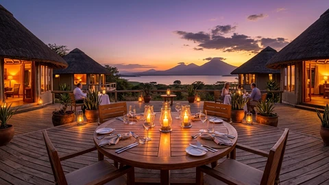 Safari lodge boma dining deck at golden twilight