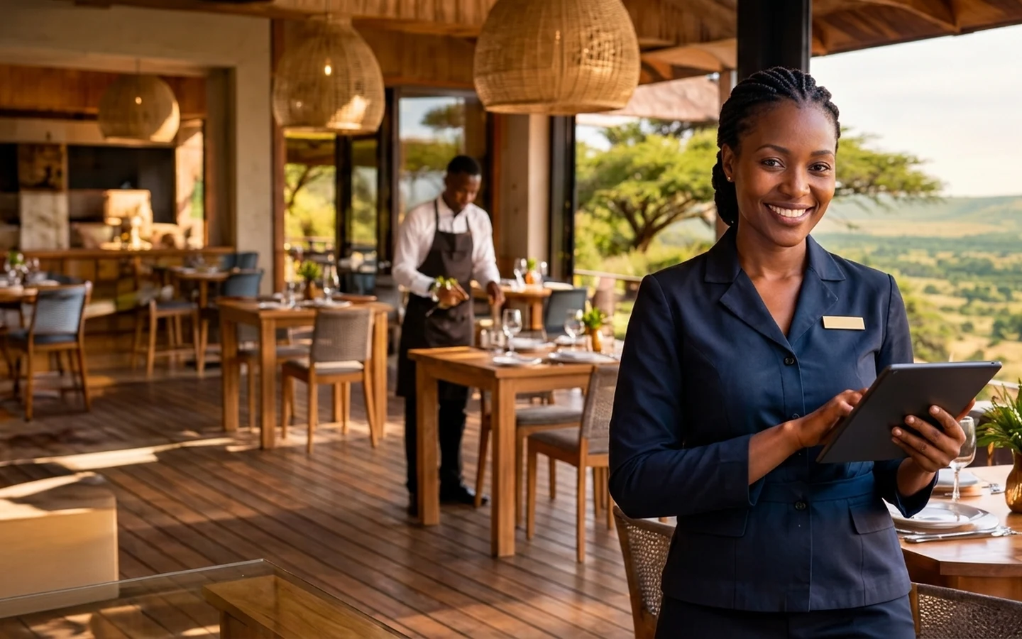 Safari lodge veranda at golden morning light with a welcoming manager holding a tablet and a waiter setting tables