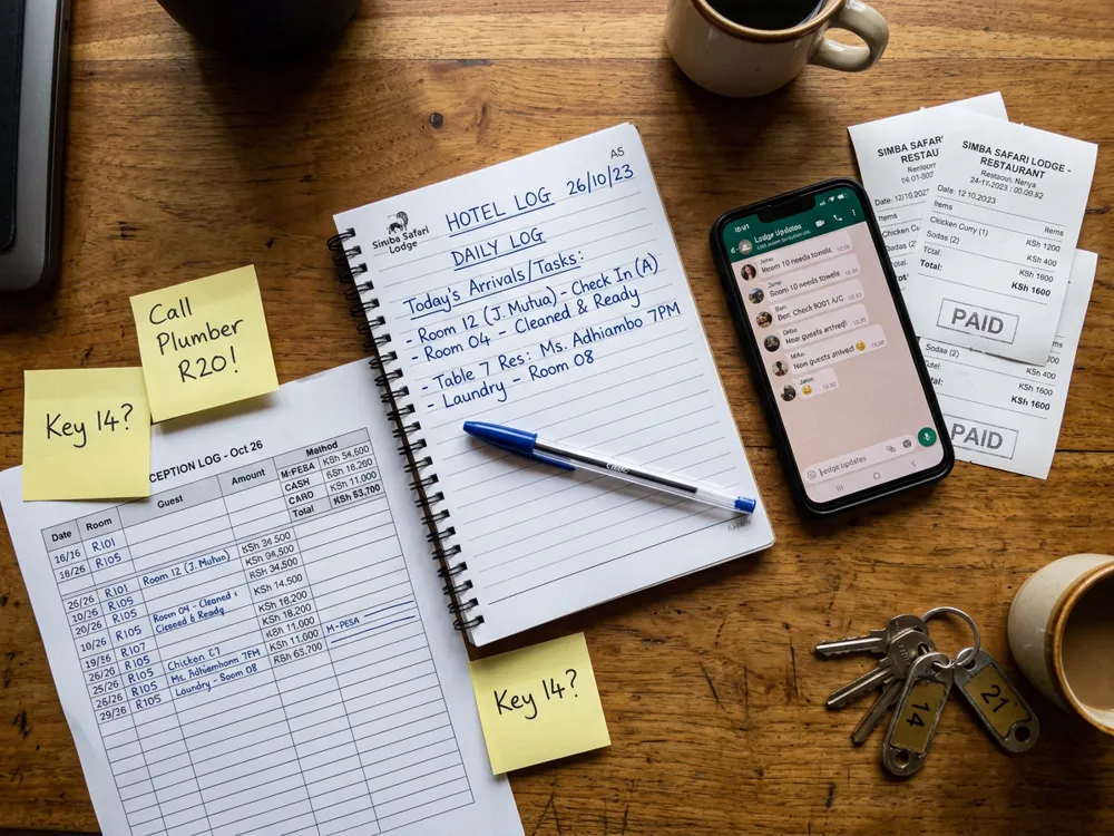 Scattered notebooks, phone chats and paper receipts