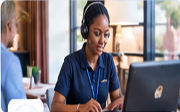 Support specialist with a headset assisting a client from the FBC Dodoma office