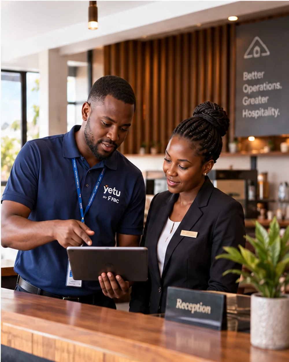 FBC implementation engineer and hotel receptionist standing together at a wooden front desk, reviewing a tablet