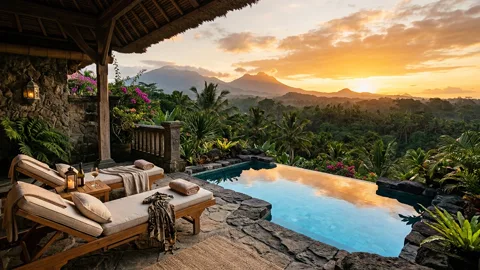 Lodge pool and lush veranda overlooking mountains