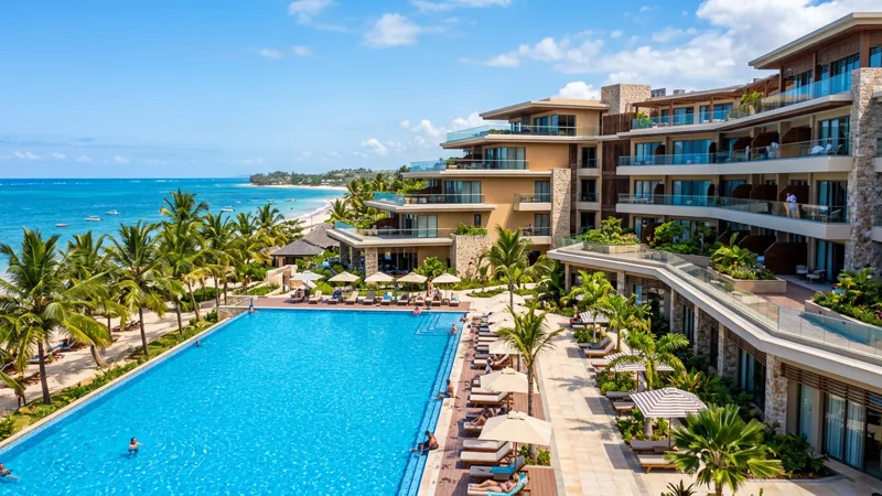 Contemporary resort with architectural balconies, a blue pool and coconut palms under clear skies