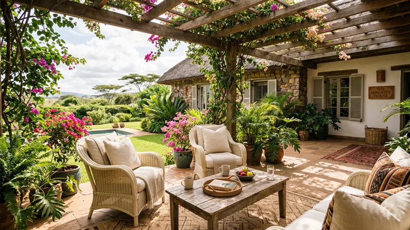 Boutique guesthouse patio with cushioned wicker armchairs and warm sunlight through timber pergolas