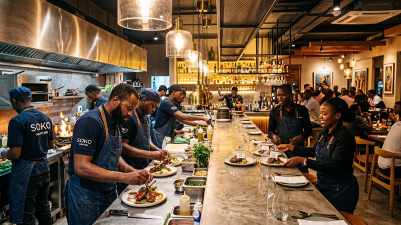 Warm open-kitchen restaurant counter with chefs plating dishes under pendant lights