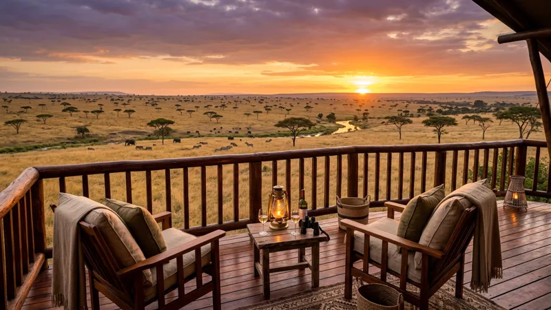Elevated safari deck with chairs overlooking the golden Serengeti plain at sunset