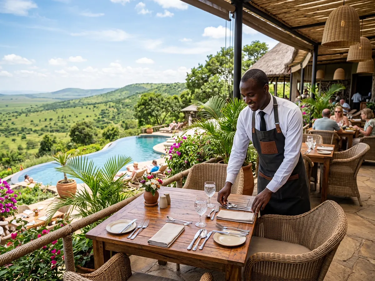 Waiter in white shirt and dark apron setting a rustic wooden table on a sunny resort terrace above a pool